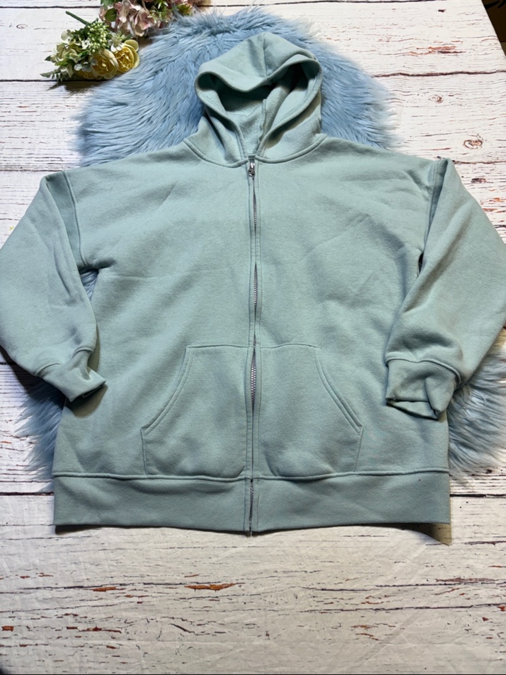 SO Mint Green Oversized Hoodie Fleece Lined Zip Up sz XL